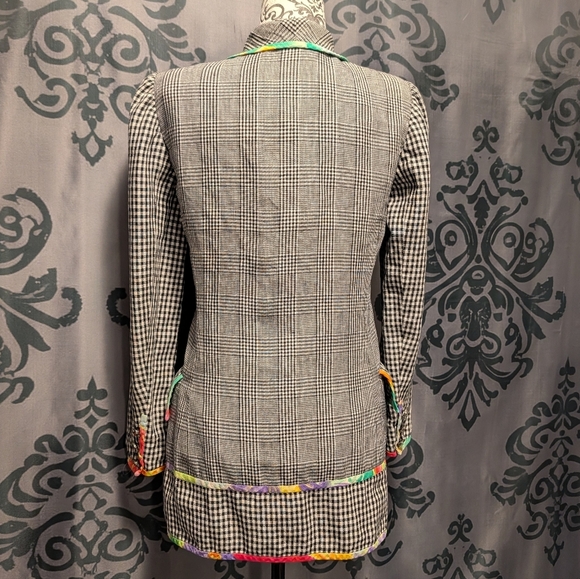 RARE Vintage Emanuel Ungaro Black and White Plaid Blazer Tie Dye Trim - Picture 6 of 10